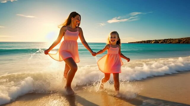 Joyful Beach Run: A mother and daughter share a tender moment of joy, holding hands as they frolic along a sandy shore, bathed in the warm embrace of sunlight and the gentle splash of waves. 
