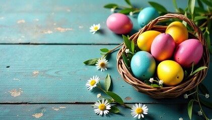 Colorful Easter eggs banner with willow branches on rustic background,  rustic,  eggs