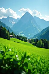 Obraz premium Countryside landscape with lush green field and majestic mountains in background for stock photo, hills, picturesque