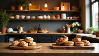 Cozy bakery interior with empty table and fresh pastries,  comfort,  cozy atmosphere