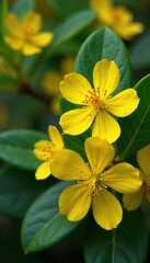 Fototapeta premium Close-up of golden yellow gum flowers blooming on a vibrant green eucalyptus tree with ample copy space, green leaves, colorful