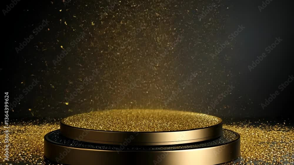 Poster golden glitter cascades from a round platform, creating a mesmerizing display in a dark setting