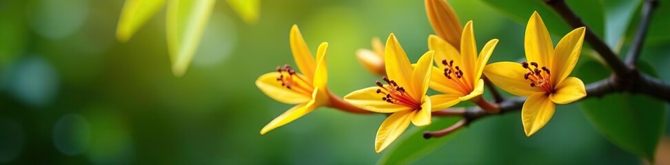 Close-up of vibrant Ylang-Ylang flowers blooming on a tree branch in tropical garden,  garden,  fragrant