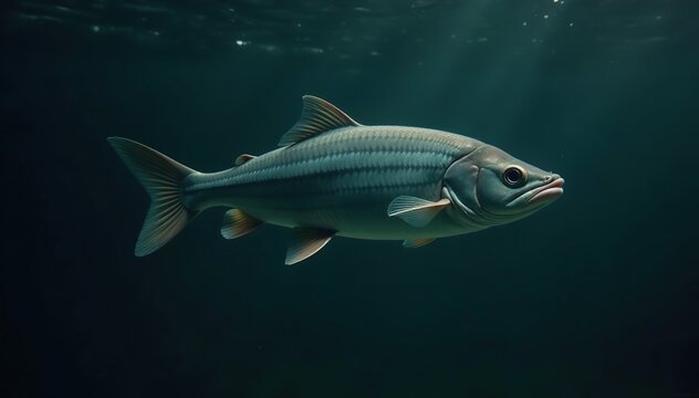 Dussumier's halfbeak swimming in dark water, its reflection visible below, fish,  wildlife