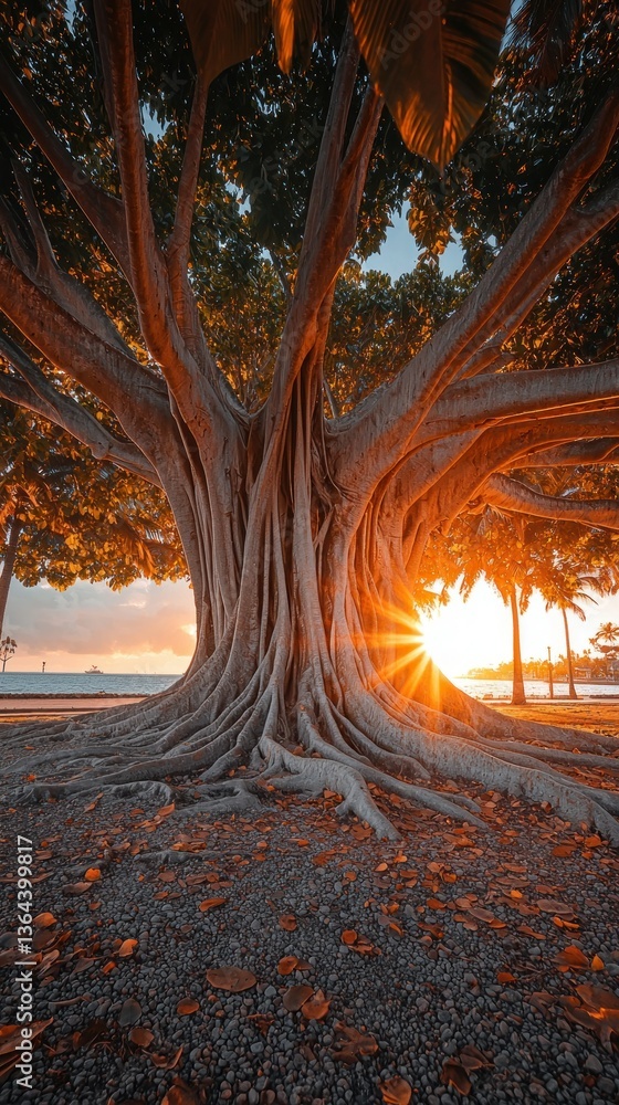 Poster sunlight streams through a large, old tree with an intricate root system