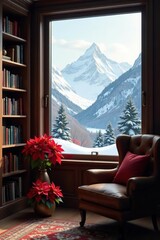 Cozy home library study with Christmas bookshelf, snow-capped mountains view from window, poinsettia flowers, perfect backdrop for online webinar or teams meeting,  library,  bookshelf