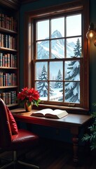 Fototapeta premium Cozy home library study with Christmas bookshelf, snow-capped mountains view from window, poinsettia flowers, perfect for online webinars and virtual team meetings, teams meeting, poinsettia