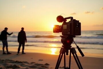 Film camera on tripod capturing beach scene at sunset, with crew working in background,  scene,  equipment