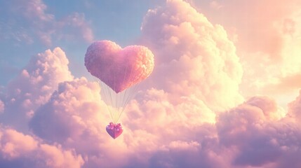 Fototapeta premium A Box flying on a parachute with pink cloud in valentine day,package flying down from sky and cloud with parachute, concept for delivery service,shopping online,air delivery service.