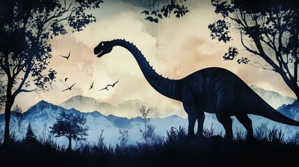 Silhouette of a Dinosaur Walking at Sunset with Vibrant Orange Sky