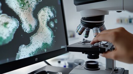 A person using a digital microscope to examine water samples, laboratory with microscope displaying detailed analysis of water particles, High-tech style