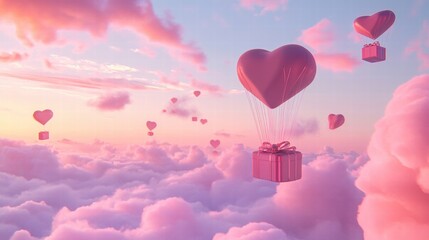 Obraz premium A Box flying on a parachute with pink cloud in valentine day,package flying down from sky and cloud with parachute, concept for delivery service,shopping online,air delivery service.