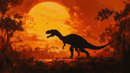 Silhouette of a Dinosaur Walking at Sunset with Vibrant Orange Sky