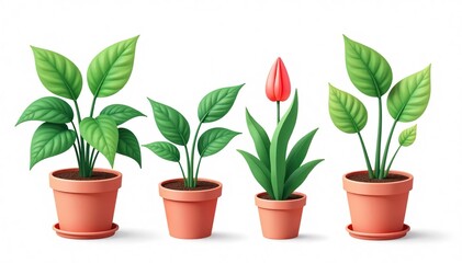 Obraz premium Flat 2D illustrated set of indoor plants in pots with begonia and alocasia in flowerpots on white background, interior design, trendy plants