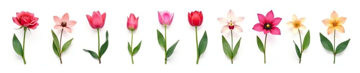 Obraz premium Flat icon set of various garden flowers such as rose, tulip, orchid, and bulb flowers isolated on white background, flower, isolated