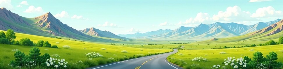 Flat landscape design with a calm day scene featuring green meadows, desert hills, and a road by mountains,  invitation,  design background