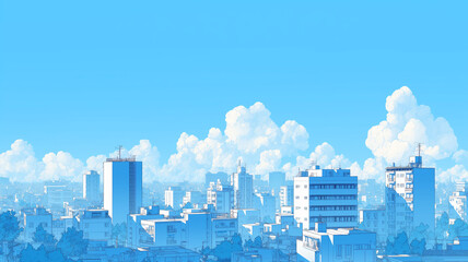レトロポップなアニメ調で描く爽やかな夏の都会風景・青空と巨大な入道雲に包まれた緑豊かな都市街並み・青春と癒しを感じる手描き風イラスト背景素材・ナチュラルで明るい都市ライフのイメージ