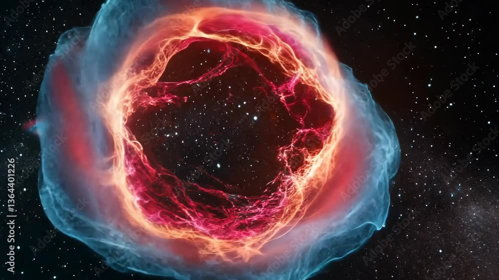 Poster Vivid representation of a cosmic nebula glowing in deep space with starry background illuminating its colors