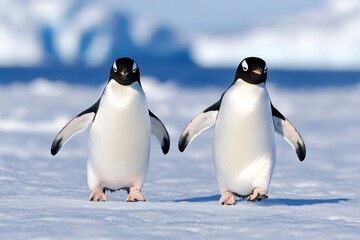 Obraz premium Two penguins walking on snow in Antarctica