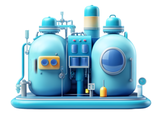 Cartoon Chemical Plant Illustration with Tanks, Pipes and Gauges on Black