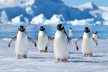 Fototapeta premium Gentoo penguins walking on snowy antarctica ground