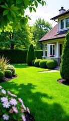 Flawlessly manicured residential yard with lush green grass, blooming flowers, and neatly trimmed bushes, manicured yard,  lawn