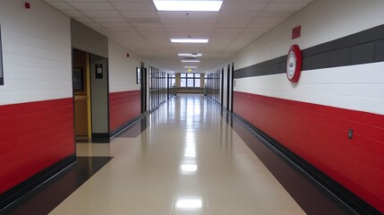 A long empty school hallway with red and black painted walls and beige floo features bright overhead lighting.