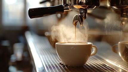 Steaming espresso with swirling coffee particles, minimalist brewing tools in soft focus, capturing the essence of coffee extraction.