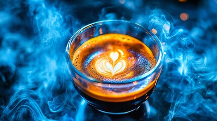 Steaming espresso with swirling coffee particles, minimalist brewing tools in soft focus, capturing the essence of coffee extraction.