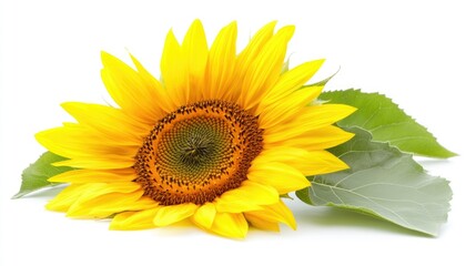 Vibrant Sunflower in Full Bloom with Green Leaves Isolated on White Background