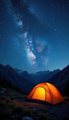 Camping gear set under starry sky in dreamlike landscape,  stars,  adventure