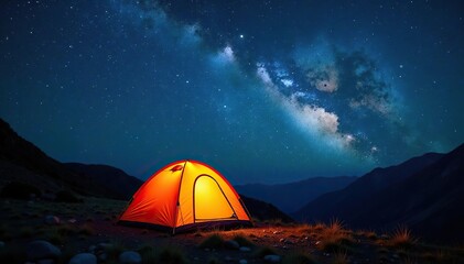 Camping tent illuminated under the majestic Corona Arch with the Milky Way galaxy in the night sky above,  outdoor,  galaxy