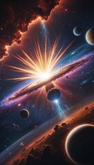 A brilliantly shining supernova explosion, pulsing with vibrant cosmic energy, bathes surrounding planets and nebulae in its dazzling light. The scene is captured in a striking painting, showcasing th