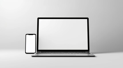 a modern laptop computer with a blank screen, positioned beside a smartphone with a blank screen