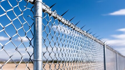 Chain link fence with barbed wire providing security under blue sky