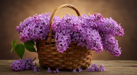 Fototapeta premium 紫のライラックの花束、温かい光で美しく輝く籠