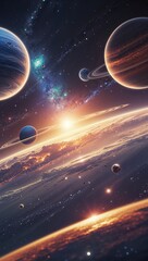 A luminously futuristic cosmic vista unfolds before the viewer: several planets shimmering in vivid hues, a colossal star radiating warm light, and glittering asteroids suspended in the void.