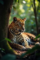 Fototapeta premium resting in lush green jungle surrounded sunlight foliage