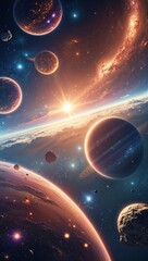 A luminously futuristic cosmic vista unfolds before the viewer: several planets shimmering in vivid hues, a colossal star radiating warm light, and glittering asteroids suspended in the void.