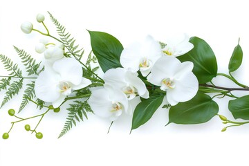 Fototapeta premium White orchid flowers and green leaves composing a beautiful floral arrangement
