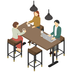 アイソメトリックイラスト：カフェで過ごす人々