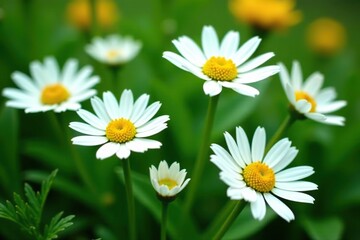 Fototapeta premium Close-up of white daisies surrounded by green foliage in a garden, botanical, nature