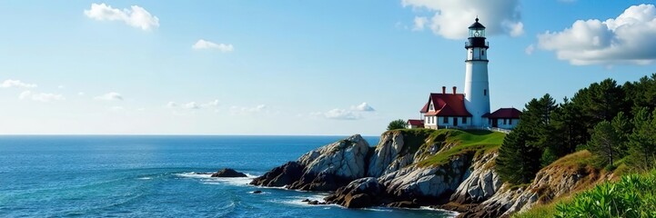 Castle Hill Lighthouse standing tall on rocky cliffs overlooking the ocean, surrounded by lush greenery and a picturesque New England landscape,  landmark,  landscape