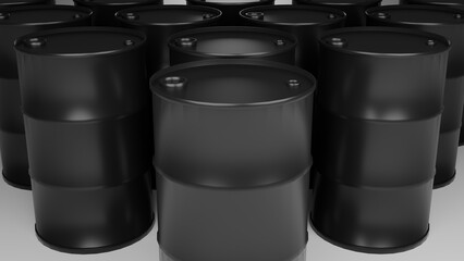大量のドラム缶が並んでいるイメージ　3D・レンダリング　黒・オイルなど