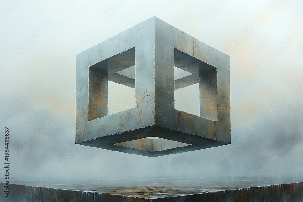 Poster a rotating hollow cube with misty edges, hovering weightlessly.