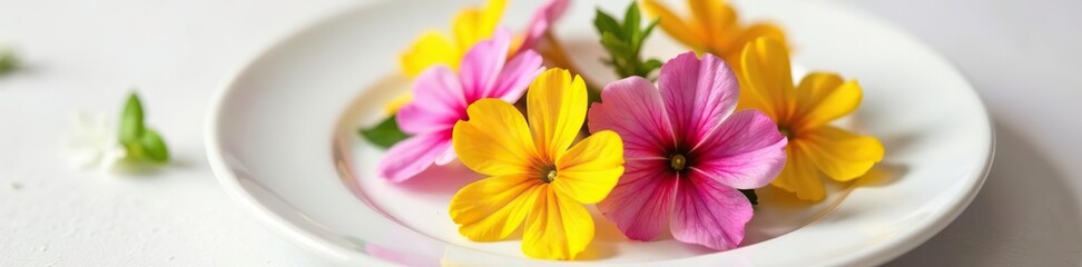 Fototapeta premium Edible primrose flowers beautifully arranged on a white plate, showcasing their vibrant colors and delicate petals, natural, spring