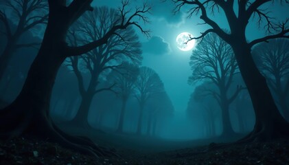 Eerie mist hovering over a dark, spooky forest with gnarled trees and twisted branches, illuminated by a full moon,  eerie,  mist