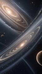 A shimmering asteroid belt drifts through a vast expanse of space, shimmering with cosmic dust and surrounded by glowing celestial bodies. This awe-inspiring image