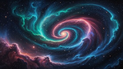 A mesmerizing vortex of swirling energy in the depths of outer space, casting an ominous light that distorts the fabric of reality. This cosmic phenomenon, known as a wormhole