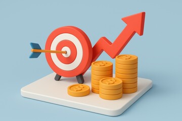 Hitting the Bullseye: Achieving financial success is visualized with a red arrow, target, and gold coins on a light blue background, symbolizing precision and growth.